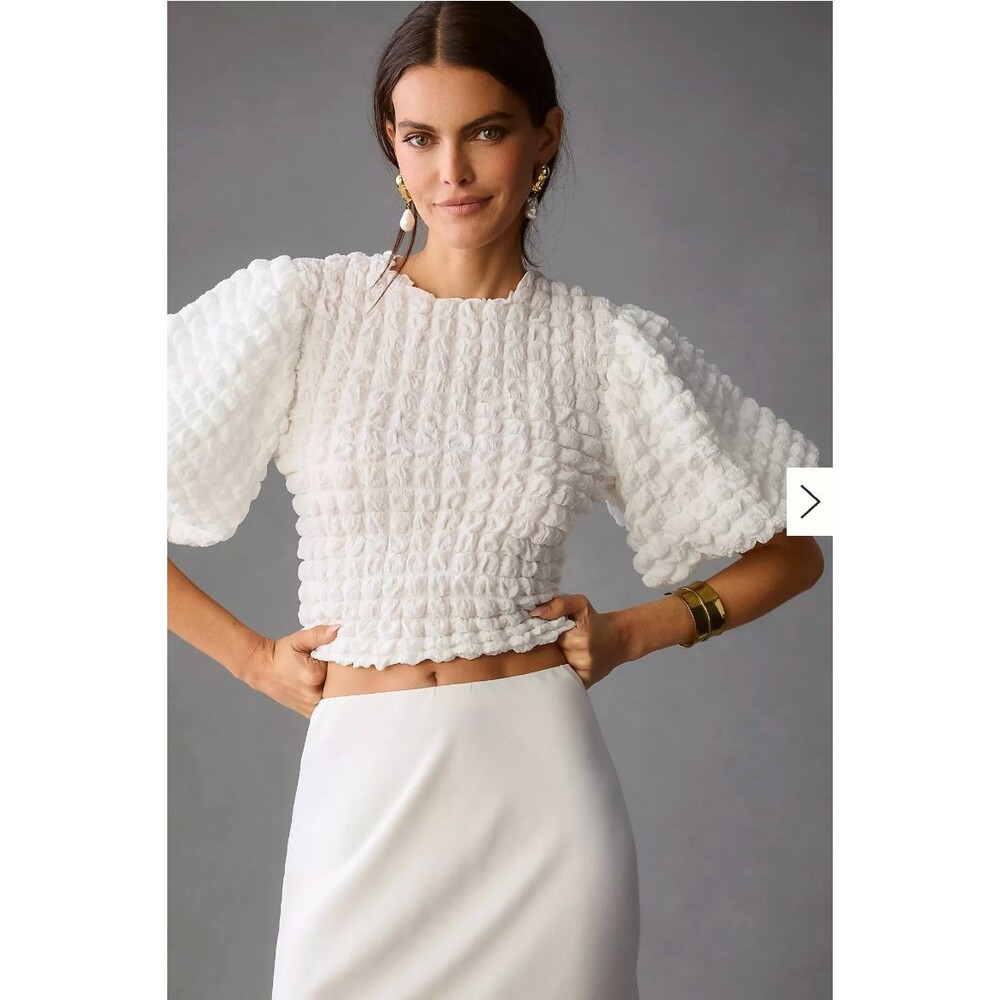 Eri + Ali Anthropologie Bubble Puff-Sleeve Top Textured Minimalist Sz S